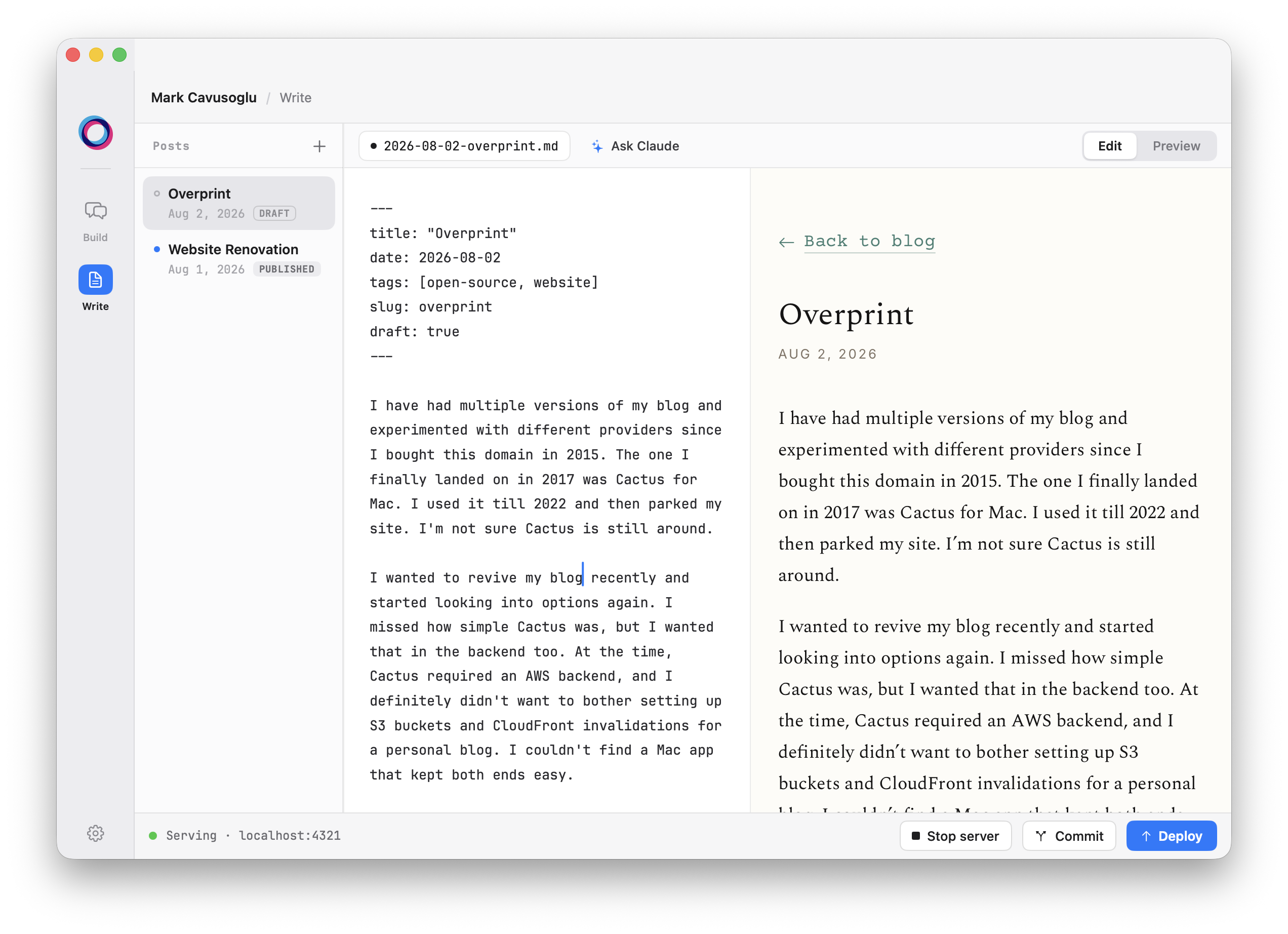 This post open in Overprint’s Write mode, markdown on the left and a live preview on the right
